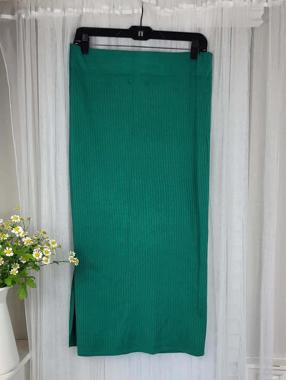 Saturday Sunday Anthropologie Teal Ribbed Knit Midi Skirt. Size L - Picture 7 of 12